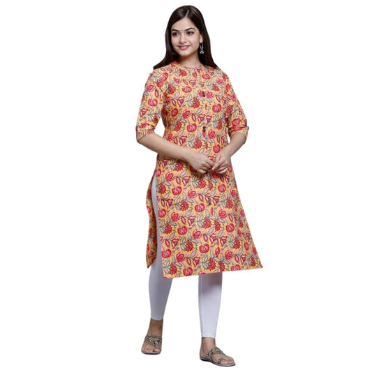 Cotton Kurti With Rayon Pant For Women - M-38 / Yellow-Red - Shopaholics