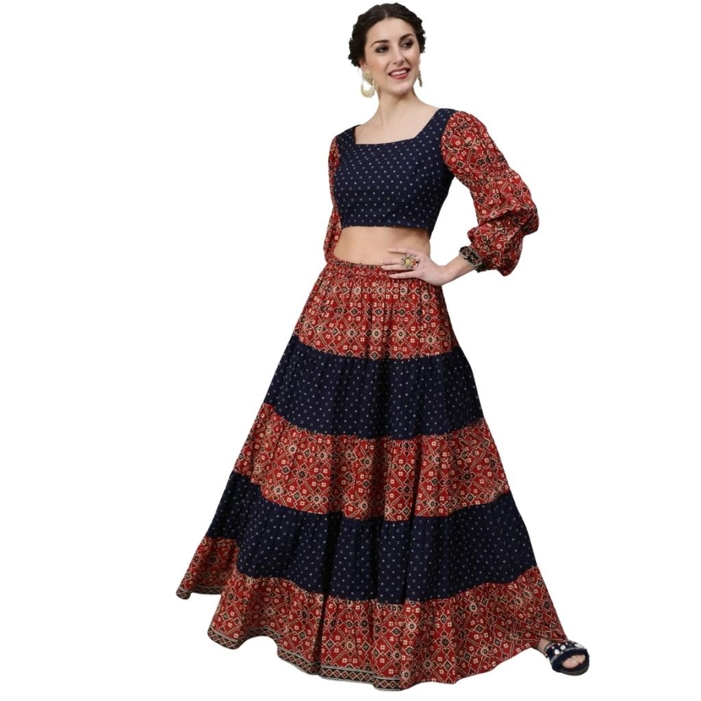 Cotton Patola Printed Lehenga Choli For Women - Maroon-Navy Blue / S-36 - Shopaholics