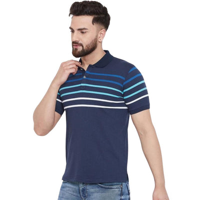 Cotton Printed Striped T-Shirt For Men - Blue-Sea Blue / S-36 - Shopaholics
