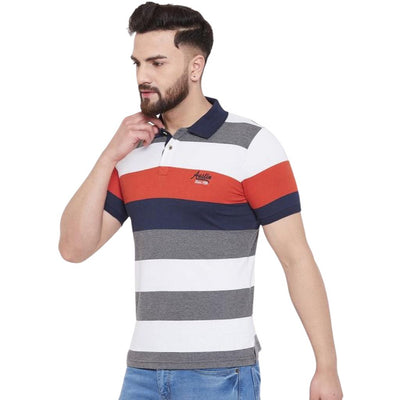 Cotton Regular Fit Striped Half Sleeve T-Shirt For Men - Grey-White-Red-Dark Blue / S-36 - Shopaholics