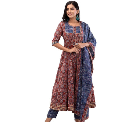 Cotton Anarkali Kurti And Pant With Dupatta For Women - Red-Blue / M-38 - Shopaholics