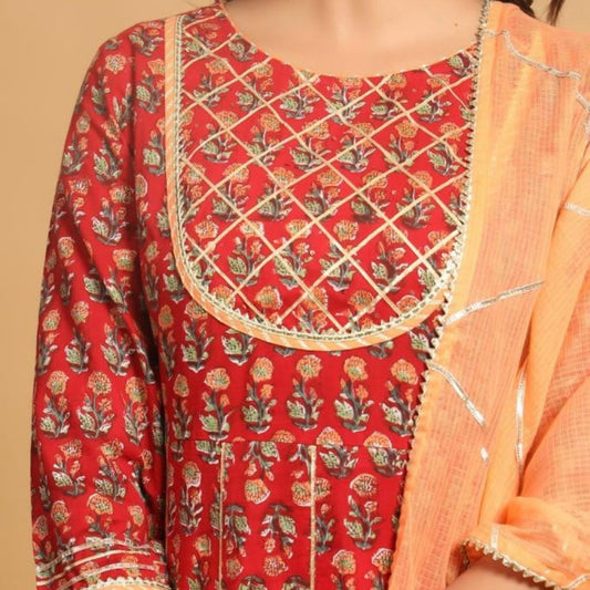 Cotton Anarkali Kurti Pant With Dupatta For Women - M / Red-Peach - Shopaholics