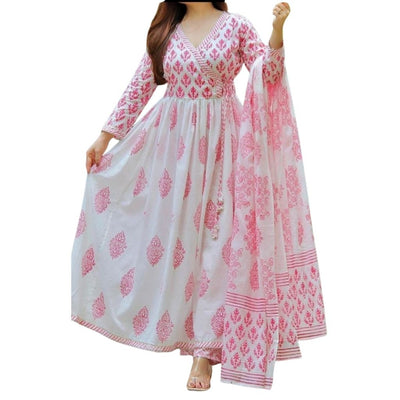 Cotton Anarkali Kurti Printed Paint With Dupatta For Women - M / White-Pink - Shopaholics