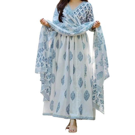 Cotton Anarkali Kurti Printed Paint With Dupatta For Women - M / White-Blue - Shopaholics