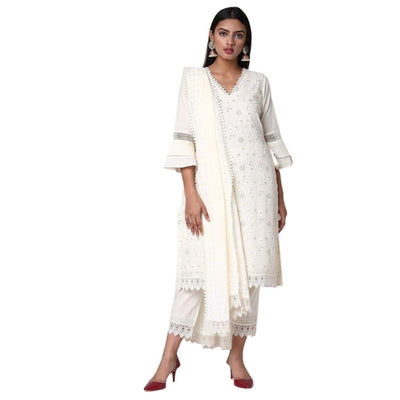 Cotton Chikankari Work Kurti Pant With Dupatta For Women - Shopaholics