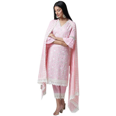 Cotton Chikankari Work Kurti Pant With Dupatta For Women - M-40 / Pink - Shopaholics