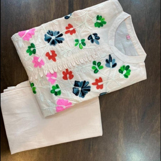 Cotton Embroidery Kurti With Pant For Women - M / White - Shopaholics