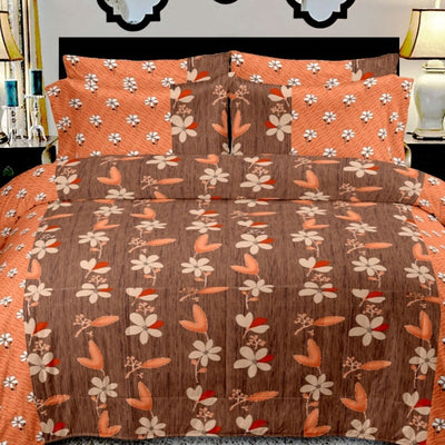 Cotton Floral Printed Bedsheet With 2 Pillow Cover - Orange-Brown - Shopaholics