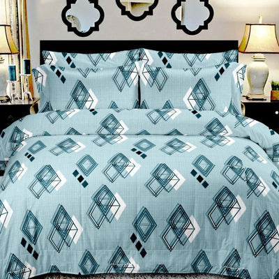 Cotton Geometric Print Double Bedsheet With 2 Pillow Cover - Ocean Blue - Shopaholics