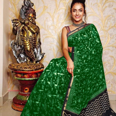 Cotton Golden Zari Weaving Saree With Blouse For Women - Green - Shopaholics