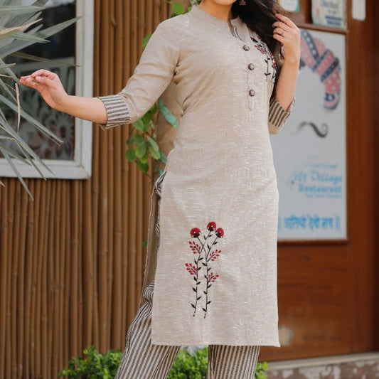 Cotton Hand Work Kurti And Stripes Pant For Women - M-38 / Light Grey - Shopaholics