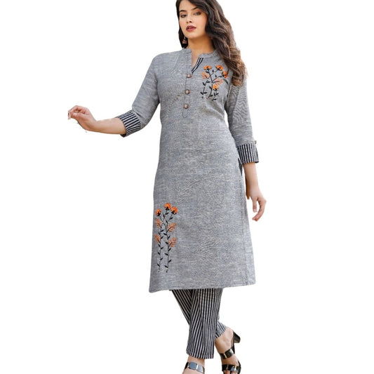 Cotton Hand Work Kurti And Stripes Pant For Women - M-38 / Dark Grey - Shopaholics