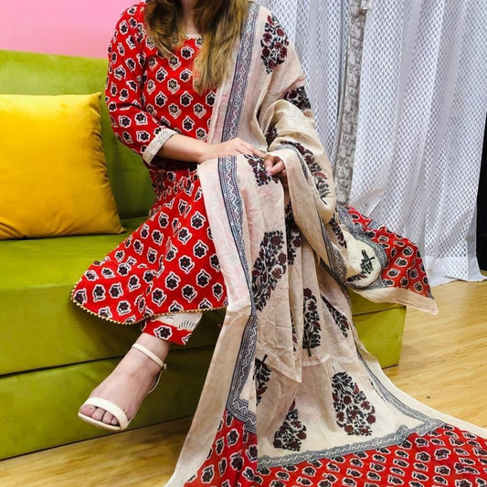 Cotton Handwork Kurti Paint With Dupatta For Women - M / Red-White - Shopaholics