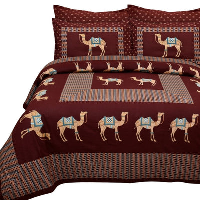 Cotton Jaipuri Camel Printed Double Bedsheet With Pillow Covers - Red - Shopaholics