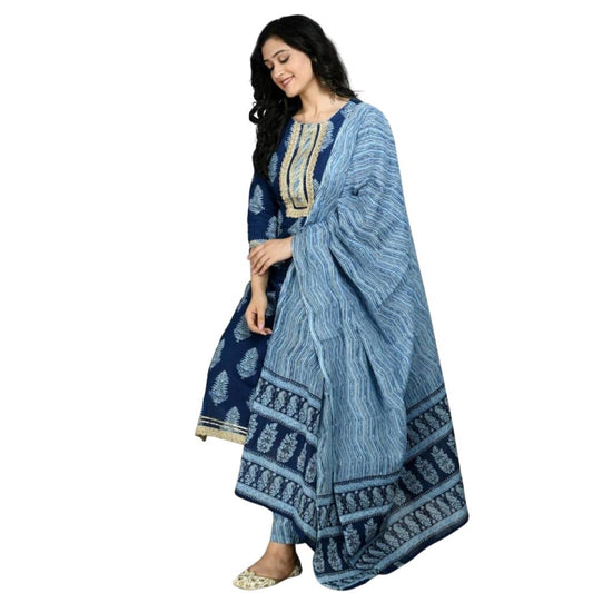 Cotton Kurti With Palazzo And Dupatta For Women - M / Blue - Shopaholics
