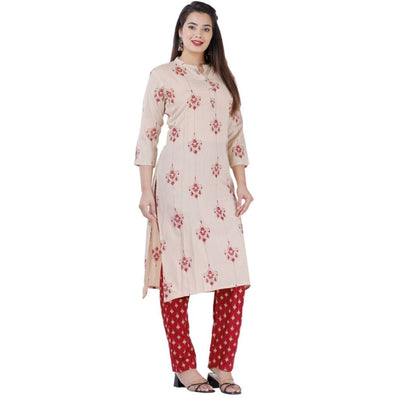 Cotton Printed Kurti With Paint For Women - M / Beige-Red - Shopaholics