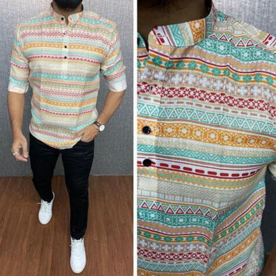 Designer Printed Long Sleeve Kurta Shirt For Men - M-38 / Multi - Shopaholics