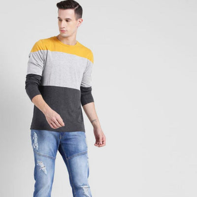 Designer Regular Fit Cotton Full Sleeve T-Shirt For Men - Yellow-White-Grey / S-36 - Shopaholics