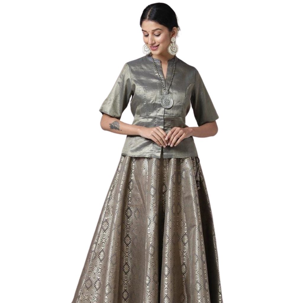 Designer Huge Flare Choli With Brocade Skirt For Women - 36"Inch / Silver - Shopaholics