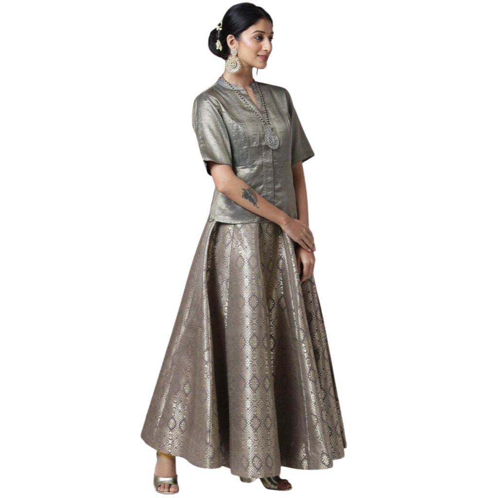 Designer Huge Flare Choli With Brocade Skirt For Women - Shopaholics