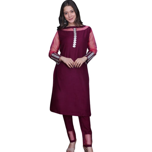 Designer Net Sleeves With Pant Kurti For Women - M / Pink - Shopaholics