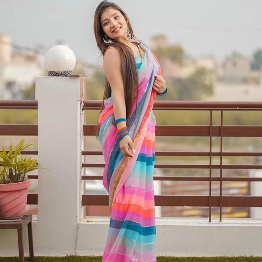 Digital Print Sequence Work Saree With Blouse For Women - Shopaholics