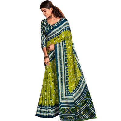 Digital Printed Linen Saree With Blouse For Women - Green - Shopaholics