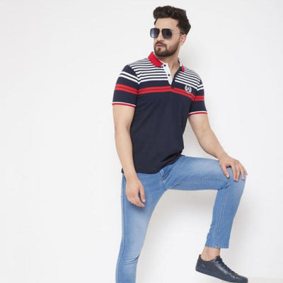 Elegant Blue Striped Regular Fit T-Shirt For Men - Shopaholics