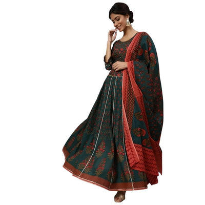 Elegant Floral Printed Lehenga Choli With Dupatta For Women - Green-Red / S-36 - Shopaholics