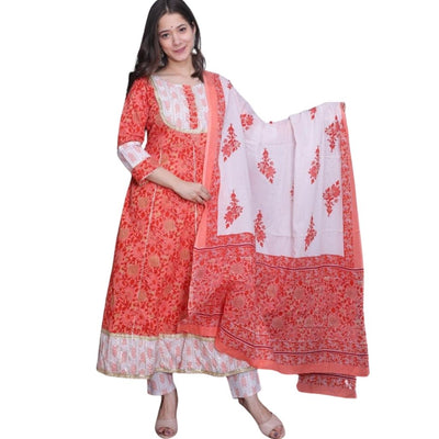 Elegant Cotton Anarkali Kurti Pant With Dupatta For Women - Shopaholics