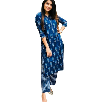 Elegant Indigo Print Rayon Kurti With Pant For Women - M / Blue - Shopaholics