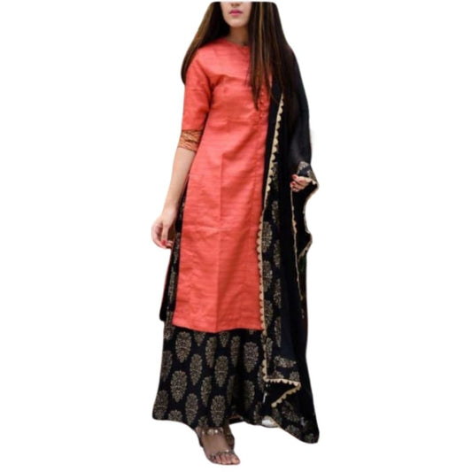 Elegant Rayon Kurti And Palazzo With Dupatta For Women - M / Orange-Black - Shopaholics