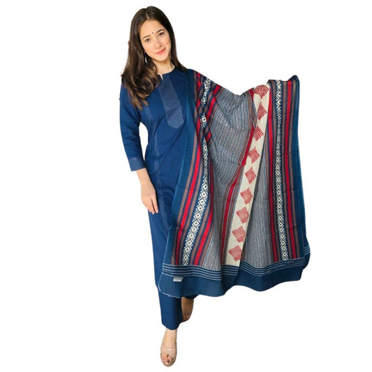 Embriodery Zari Work Cotton Kurti With Paint For Women - L / Blue - Shopaholics