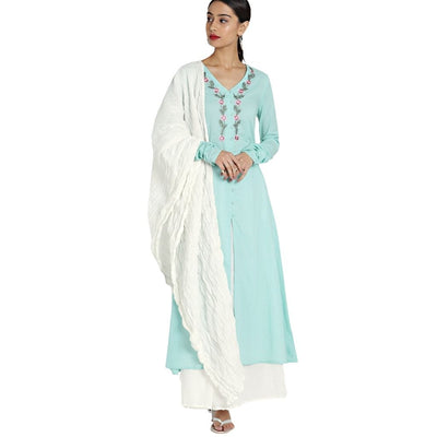 Embroidered A-Line Kurti, Dupatta With Skirt For Women - 44" Inch / Cyan-White - Shopaholics