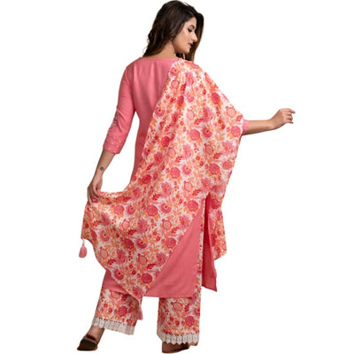 Embroidered Kurti With Printed Plazzo & Dupatta For Women - M / Pink - Shopaholics