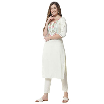 White Embroidered Premium Rayon Kurti With Pant For Women - M-40 / White - Shopaholics
