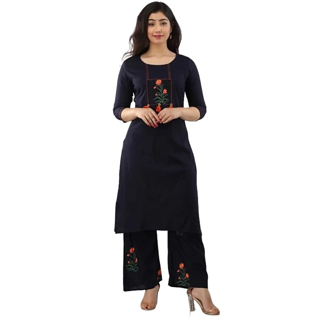 Embroidered Printed Kurti With Plazzo For Women - M / Navy Blue - Shopaholics