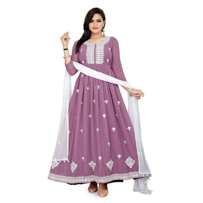 Embroidery Anarkali Georgette Gown Kurti With Dupatta For Women - M / Pink - Shopaholics