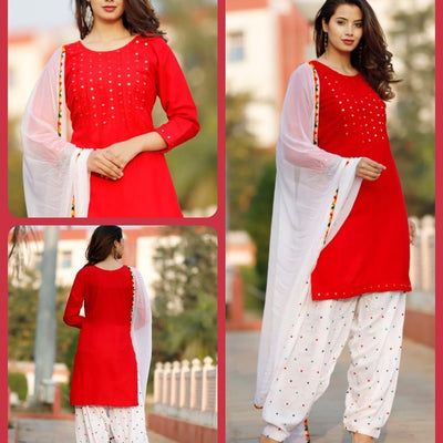 Embroidery Full Stiched Kurti Patialya With Dupatta For Women - M / Orange - Shopaholics
