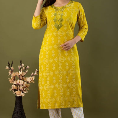 Embroidery Mirror Work Printed Kurti With Pant For Women - M-40 / Yellow - Shopaholics