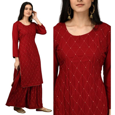 Embroidery Rayon Kurti Palazzo With Sequance Duppta For Women - M / Red - Shopaholics