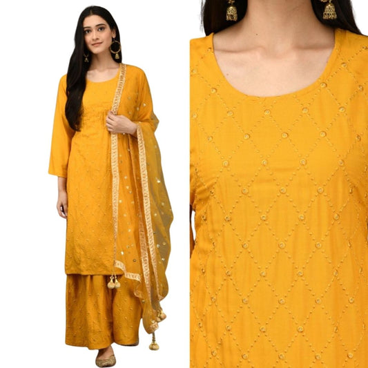 Embroidery Rayon Kurti Palazzo With Sequance Duppta For Women - M / Yellow - Shopaholics