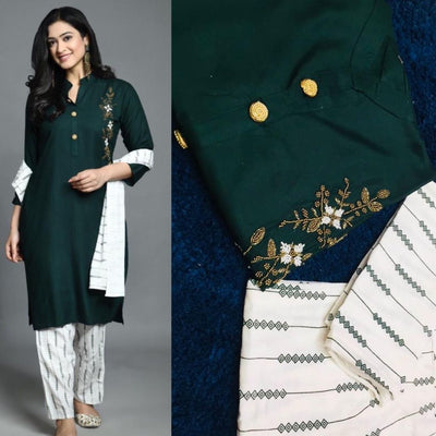Embroidery Rayon Kurti With Pant And Dupatta For Women - L / Green - Shopaholics