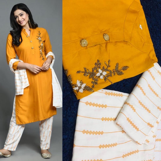 Embroidery Rayon Kurti With Pant And Dupatta For Women - L / Yellow - Shopaholics