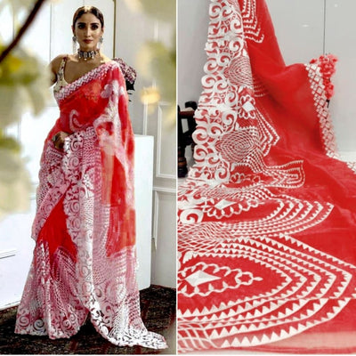 Embroidery Thread Chain Organza Saree With Blouse For Women - Red - Shopaholics