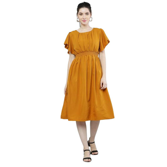 Fashionable Polyester Short Sleeve Midi Dress For Women - S-34 / Mustard - Shopaholics