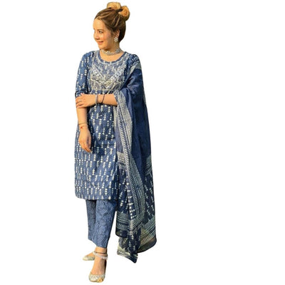 Festival Cotton Printed Kurti Pant With Dupatta For Women - M / Blue - Shopaholics