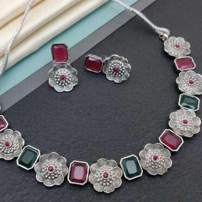 Floral Glittering Necklace Set For Women - Free Size / Multi - Shopaholics