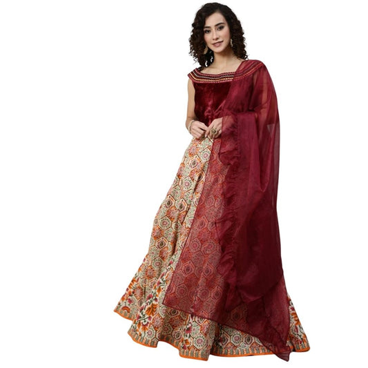 Floral Printed Lehenga Choli With Ruffle Dupatta For Women - Maroon-Orange / S-36 - Shopaholics