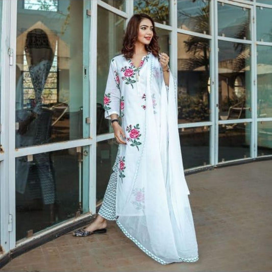 Flower Print Kurti Pant And Dupatta Set For Women - White / XXL - Shopaholics